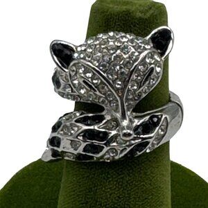 Silver-Tone Adjustable Fox-Shaped Crystal Ring With Black & Clear Rhinestones